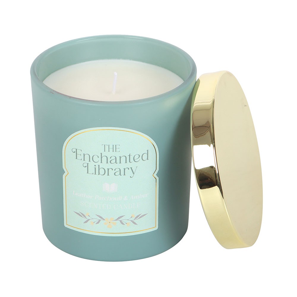 The Enchanted Library Leather, Pathchouli & Amber Glass Candle