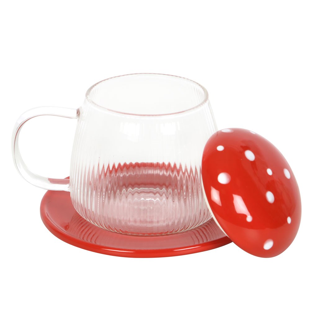Toadstool Mushroom Glass Mug and Saucer