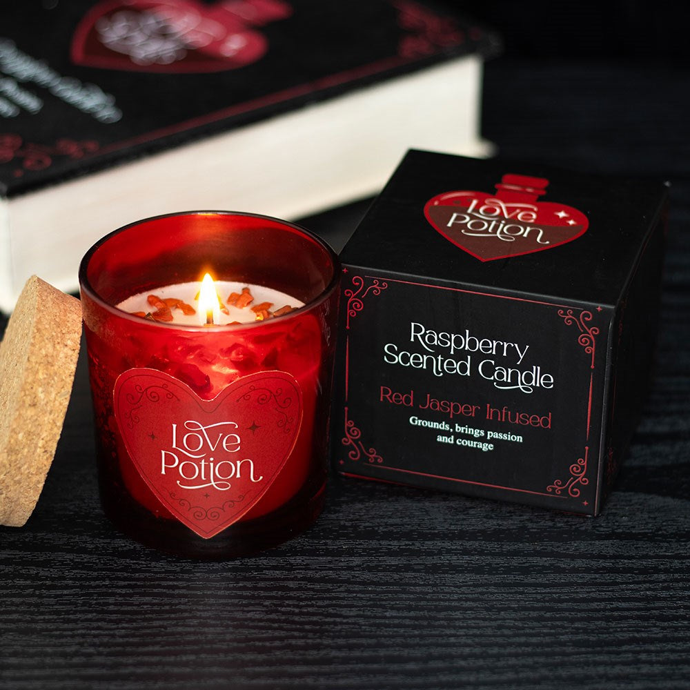 Love Potion Raspberry Scented Glass Candle With Jasper Chips And Cork Lid