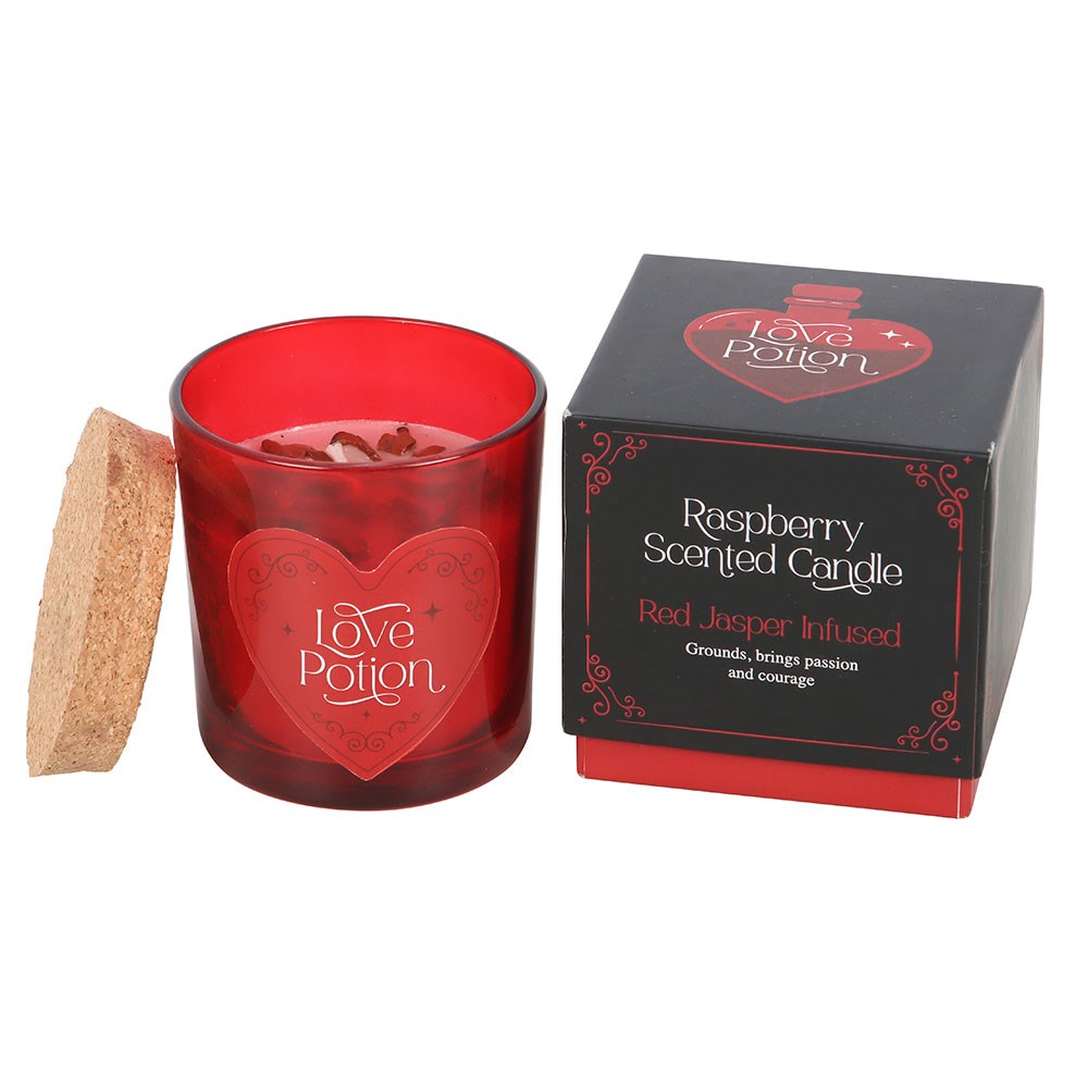 Love Potion Raspberry Scented Glass Candle With Jasper Chips And Cork Lid